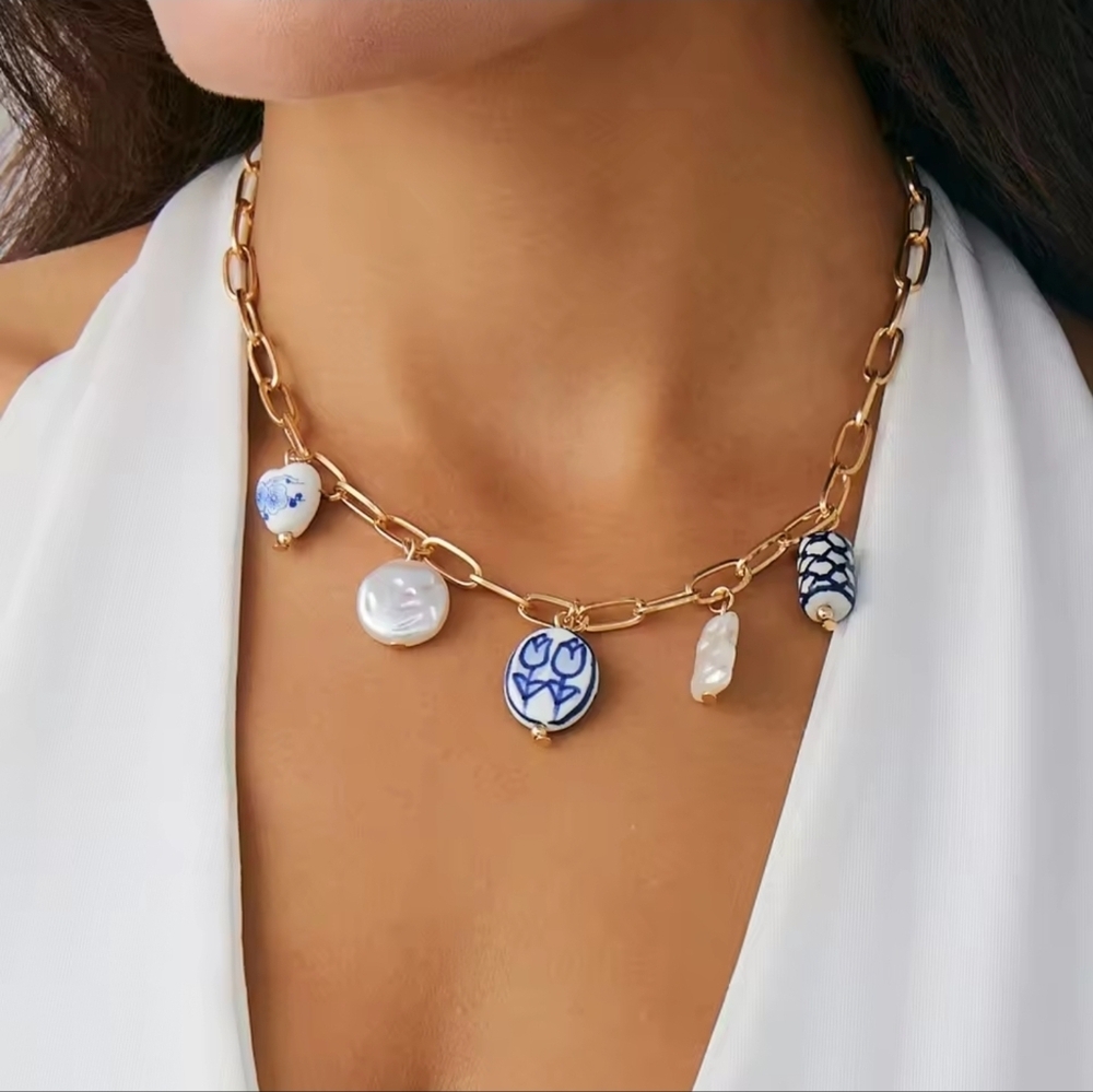 Portofino Blue Gold Charms Necklace - Picture 1 of 9